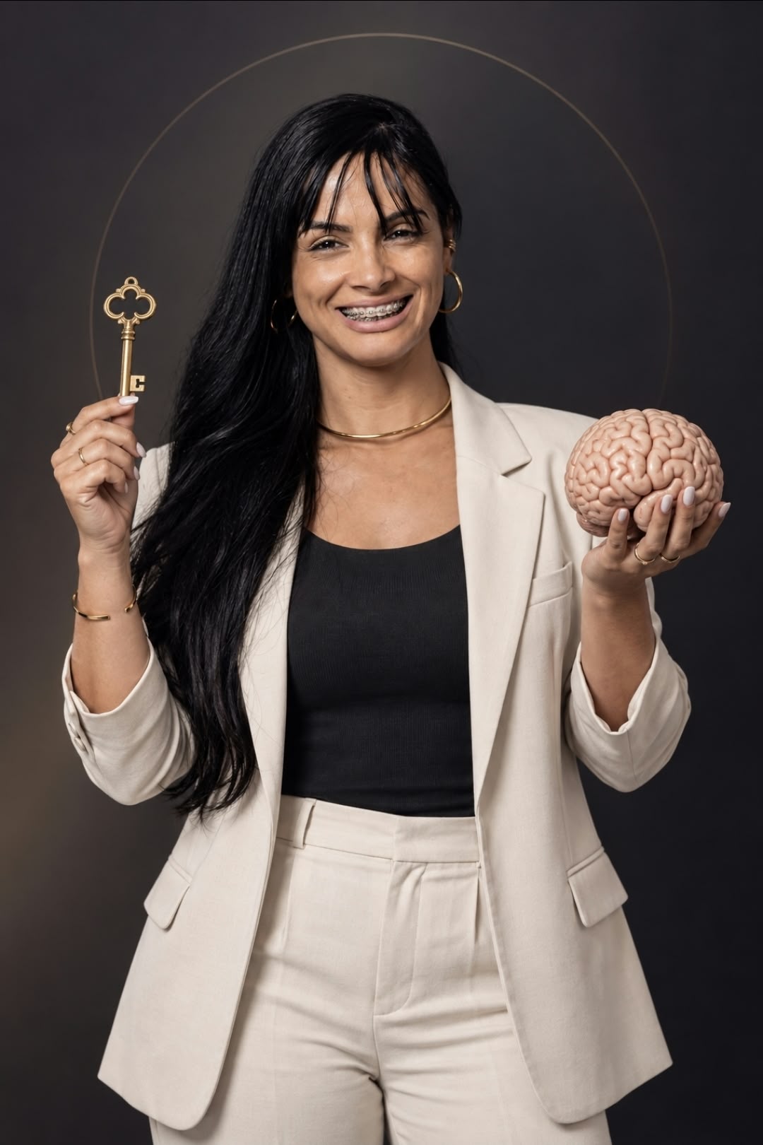 Josiane Alves segurando uma chave e um cérebro